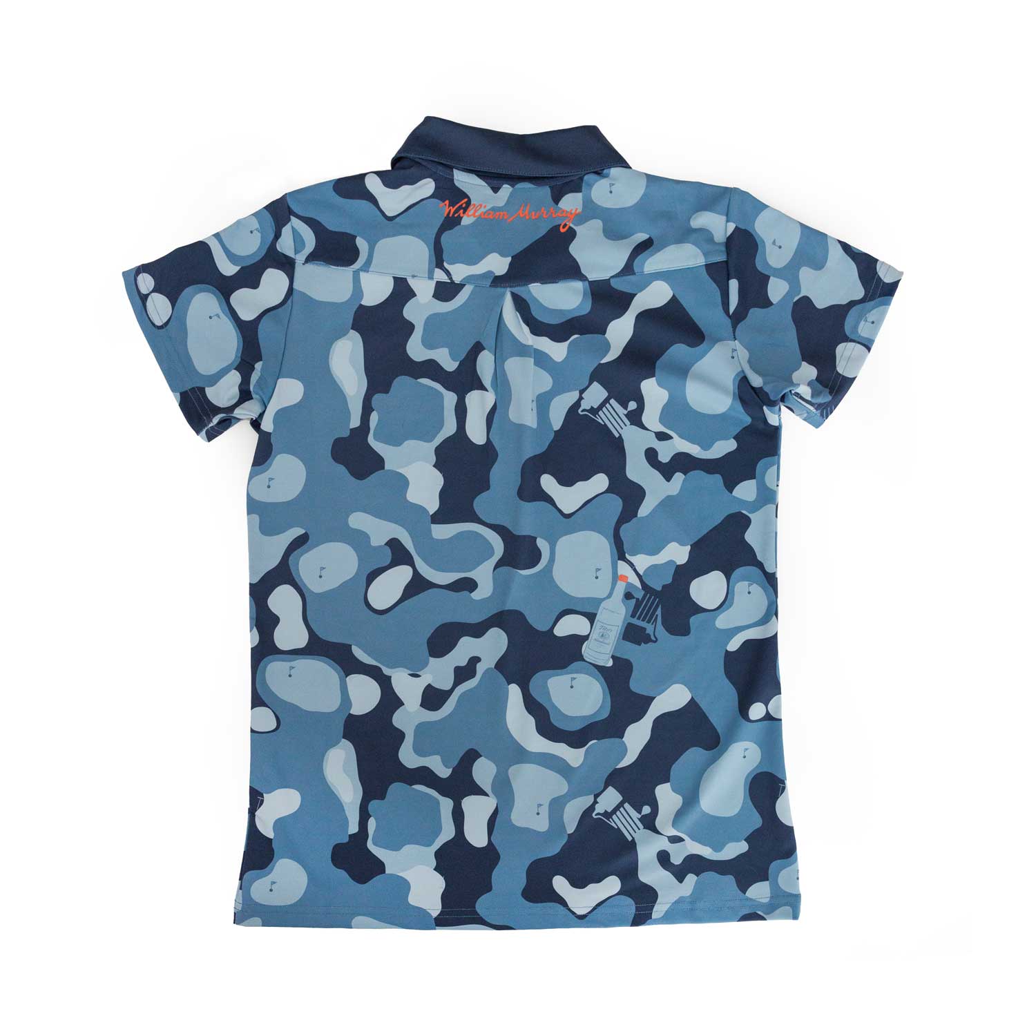 Back of navy camouflage polo with Tito's Handmade Vodka bottle and pot still designs and William Murray logo