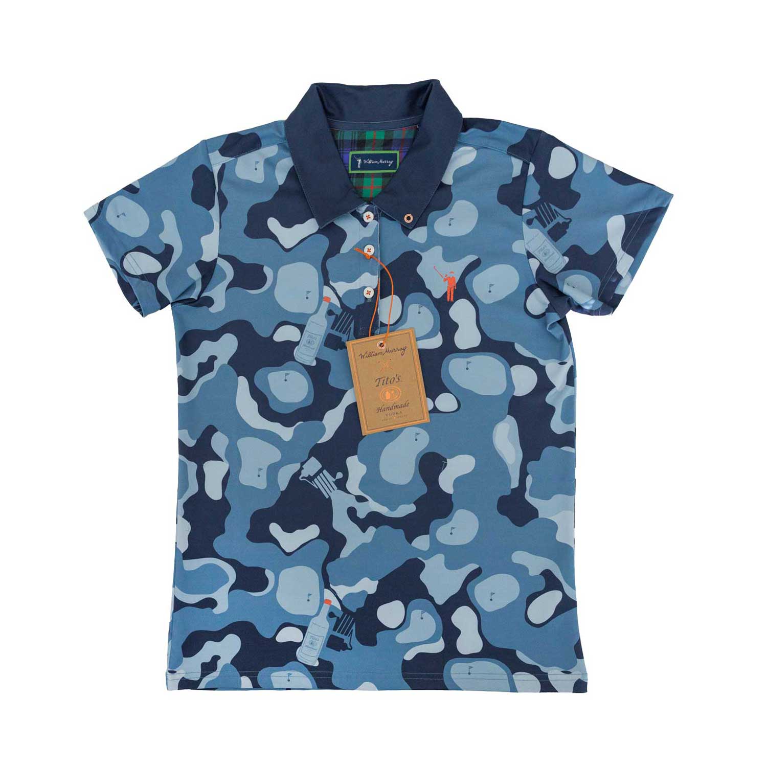 Front of navy camouflage polo with Tito's Handmade Vodka bottle and pot still designs and William Murray logo