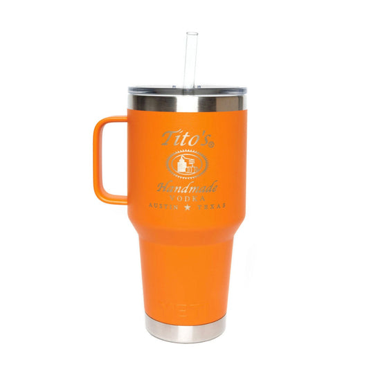 Front of YETI Rambler® Travel Mug with Tito's Handmade Vodka logo