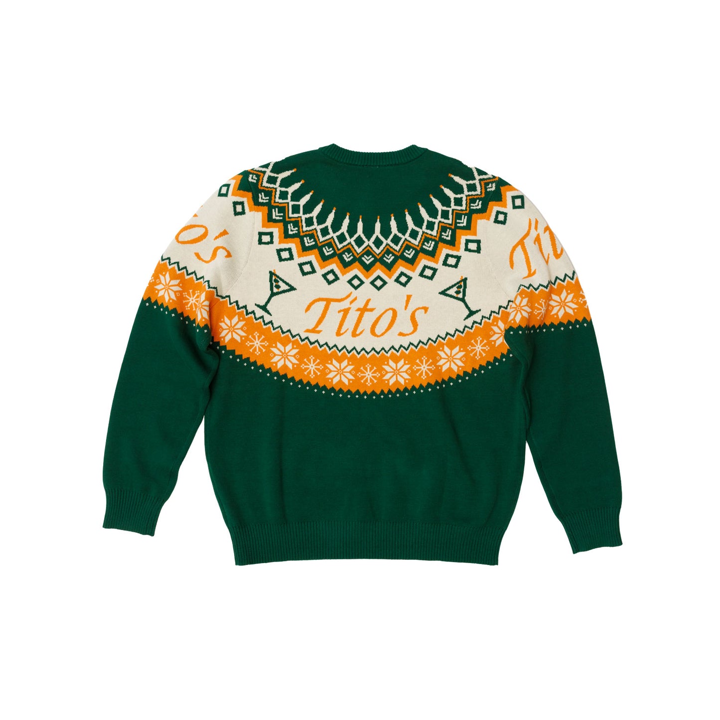 back of Green sweater with orange and white Tito's festive design around the top half including the Tito's wordmark, Tito's dirty martini's, snowflakes, and a stand of lights made out of Tito's bottles
