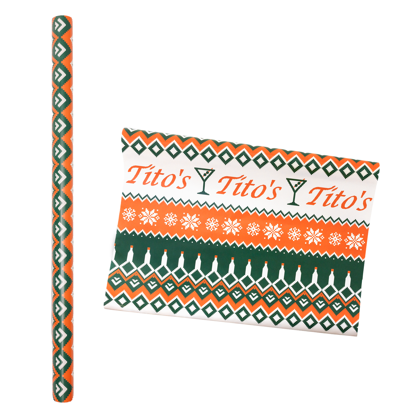 Tito's wrapping paper with decorative pattern of Tito's wordmark, martini's, and a strand of lights made out of Tito's bottles.