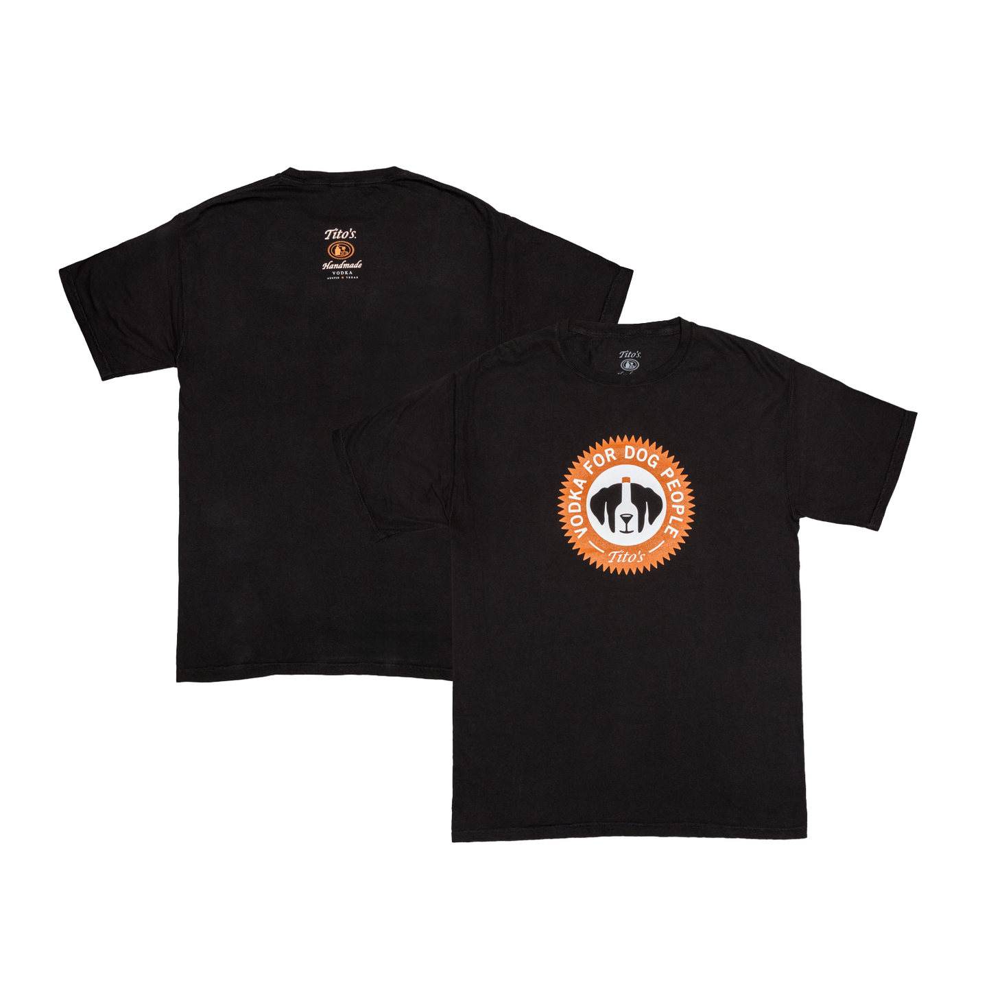 Front and Back view of a Black t-shirt with orange and white Vodka for Dog People logo centered on the front chest and the Tito's Handmade Vodka logo small in the middle of the top back shirt.