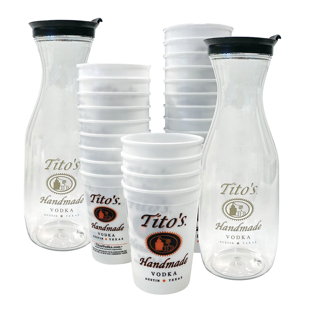 3 stacks of white plastic cups with the Tito's Handmade Vodka logo and 2 acrylic carafes with the Tito's Handmade Vodka logo