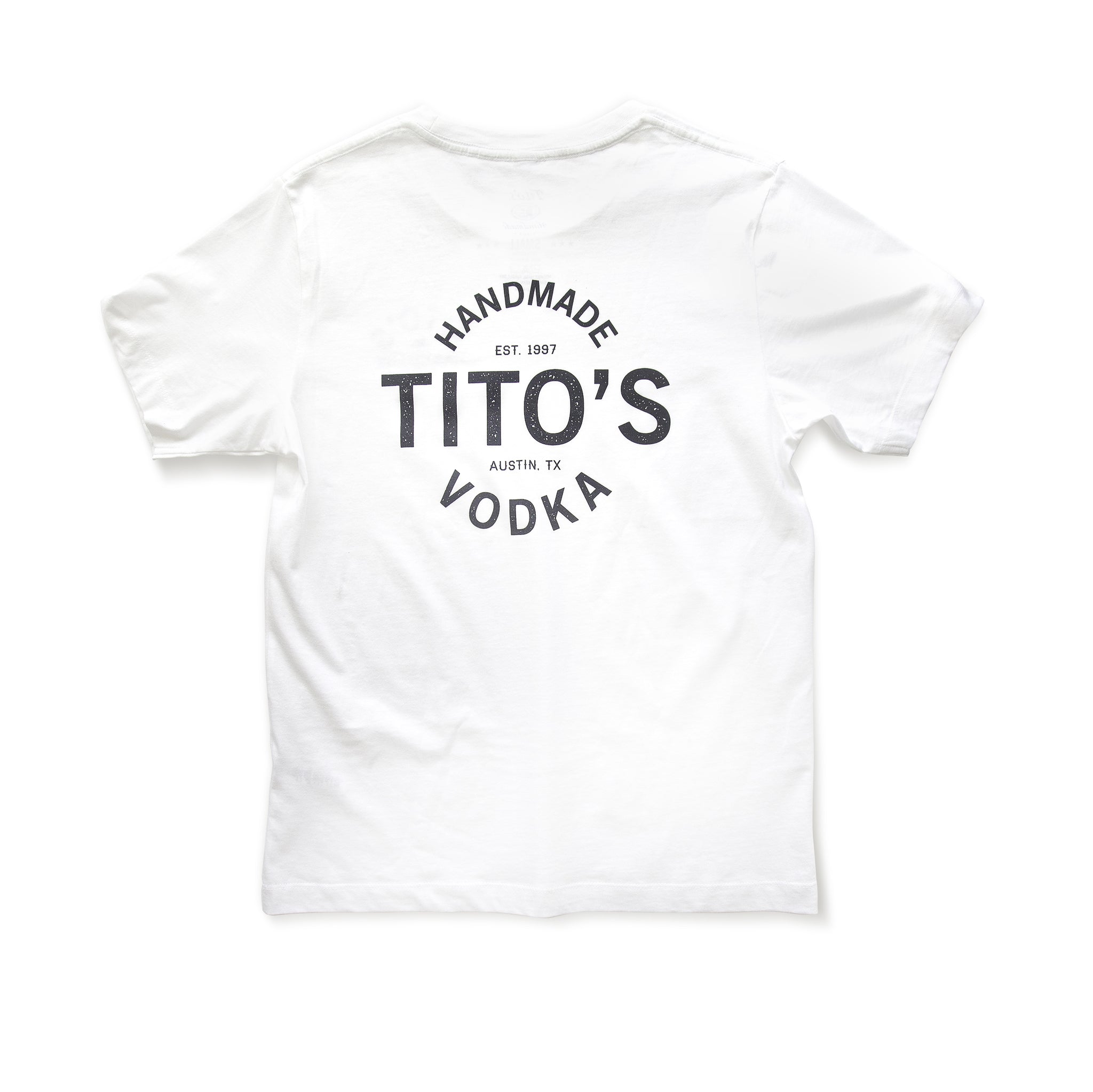 Back of white short-sleeved t-shirt with large design of Tito's Handmade Vodka, est. 1997, and Austin, TX