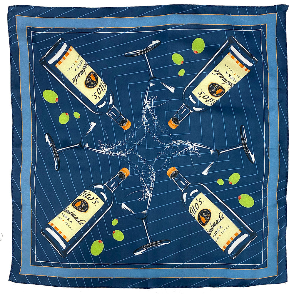 Navy silk scarf with illustrated Tito's Handmade Vodka bottles, martini glasses, and green olives