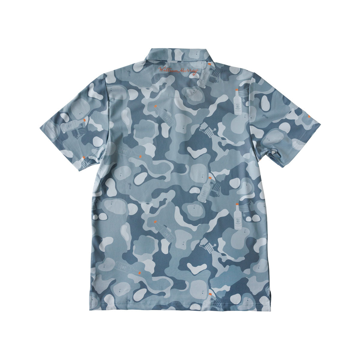 Back of blue camouflage polo with Tito's Handmade Vodka bottle and pot still designs and William Murray wordmark