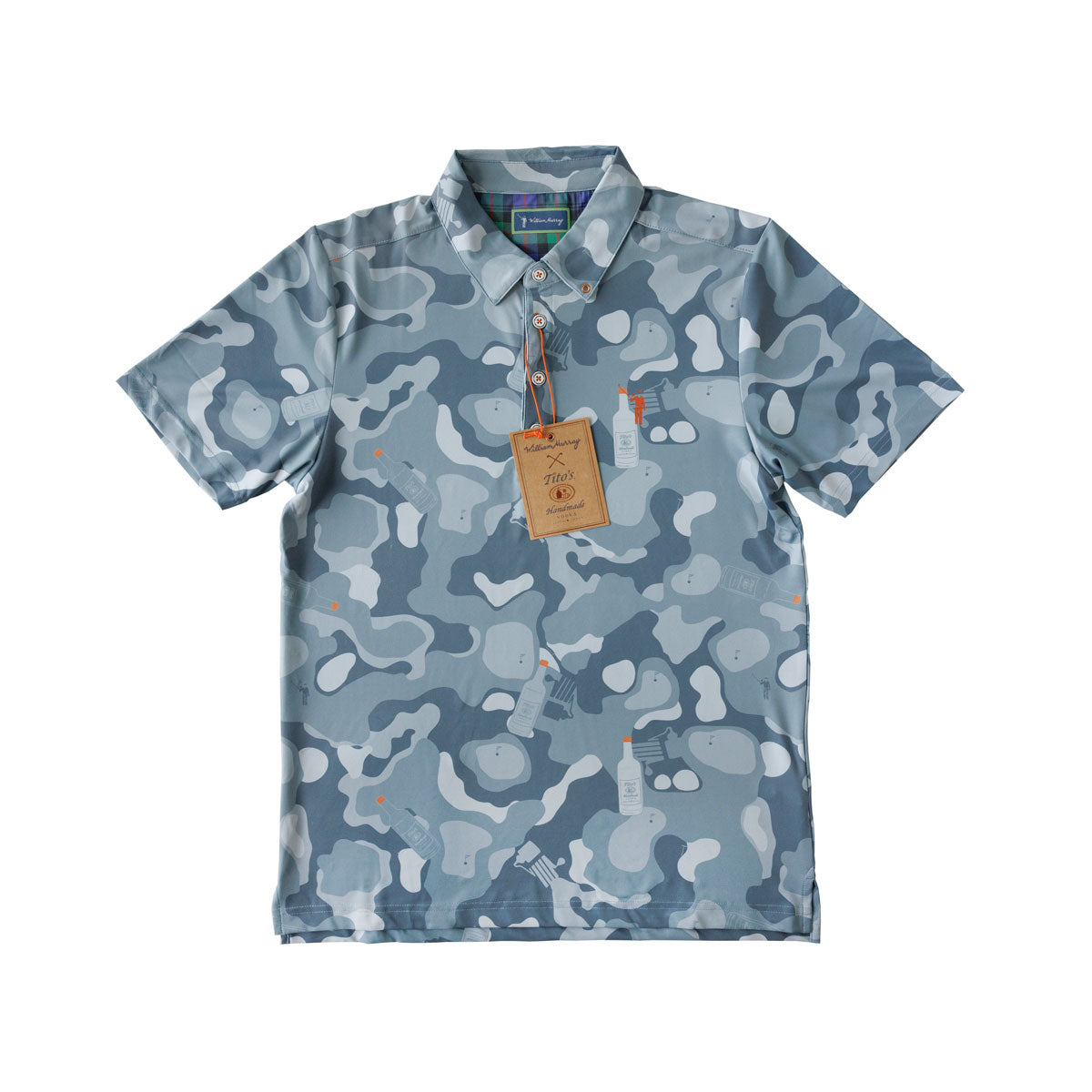 Front of blue camouflage polo with Tito's Handmade Vodka bottle and pot still designs and William Murray logo