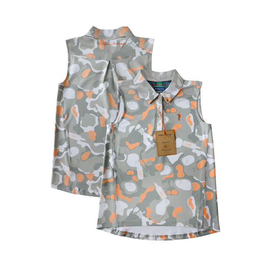 Front and back of gray and orange camouflage polo tank with Tito's Handmade Vodka bottle and pot still designs, William Murray logo, and William Murray word mark