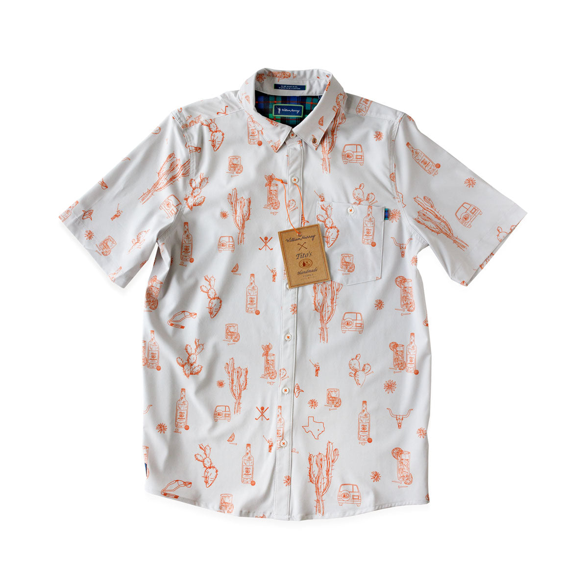 Front of cream button down with orange Tito’s Handmade Vodka, golf, and Texas illustrations, front pocket, and William Murray logo