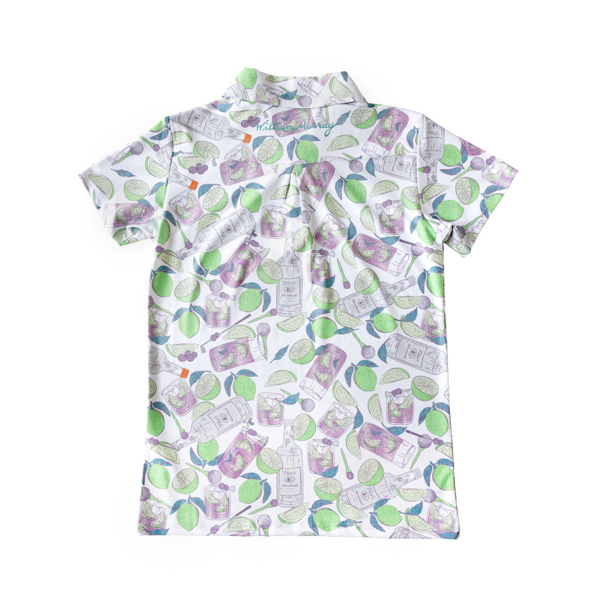 Back of white polo with green and purple Tito's Handmade Vodka bottles, grapes, limes, and transfusion cocktail designs with William Murray wordmark