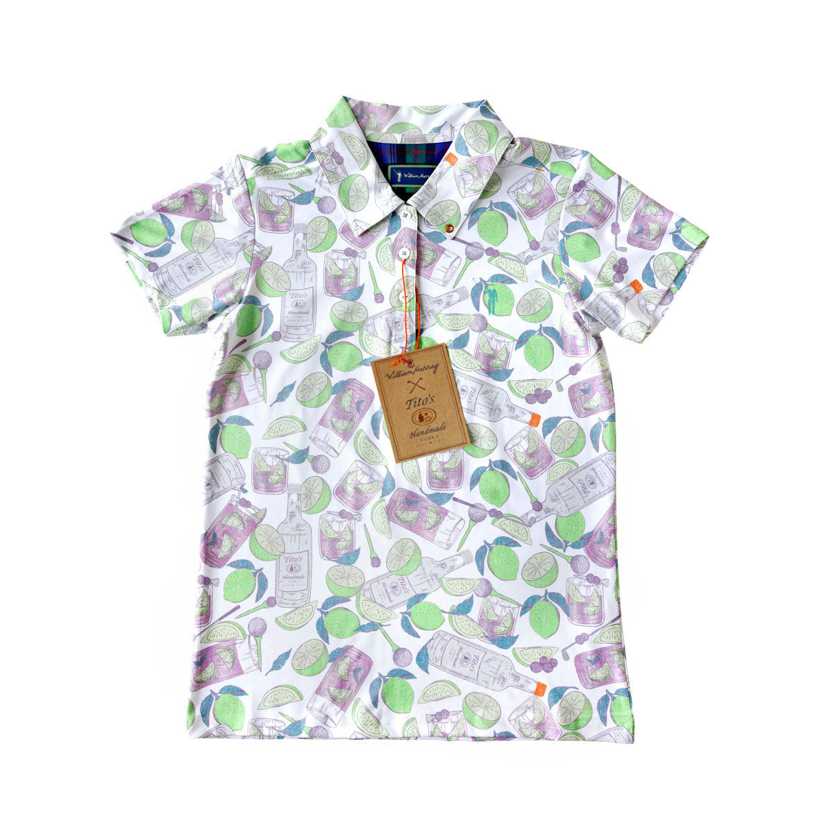 Front of white polo with green and purple Tito's Handmade Vodka bottles, grapes, limes, and transfusion cocktail designs with William Murray logo