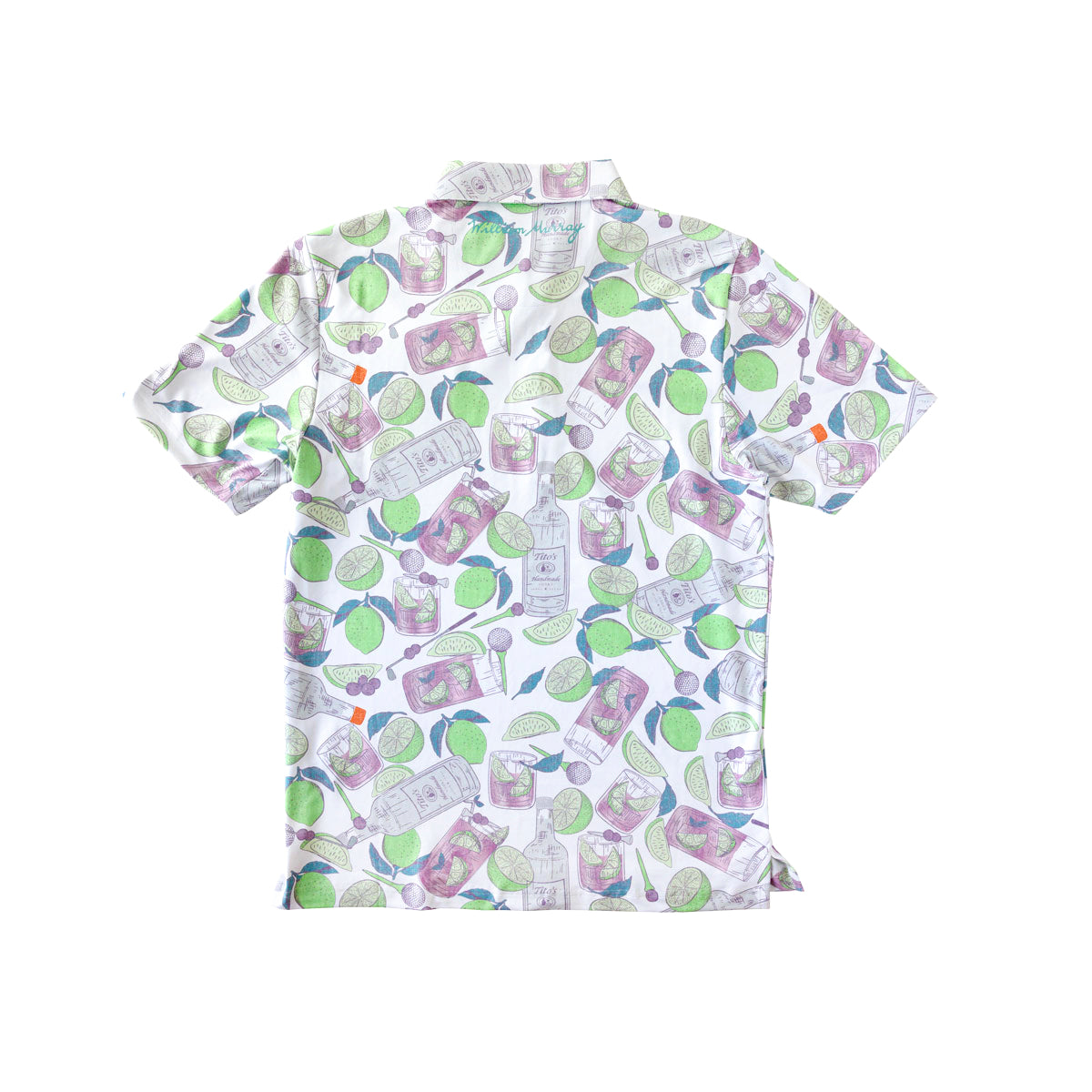 Back of white polo with green and purple Tito's Handmade Vodka bottles, grapes, limes, and transfusion cocktail designs with William Murray wordmark
