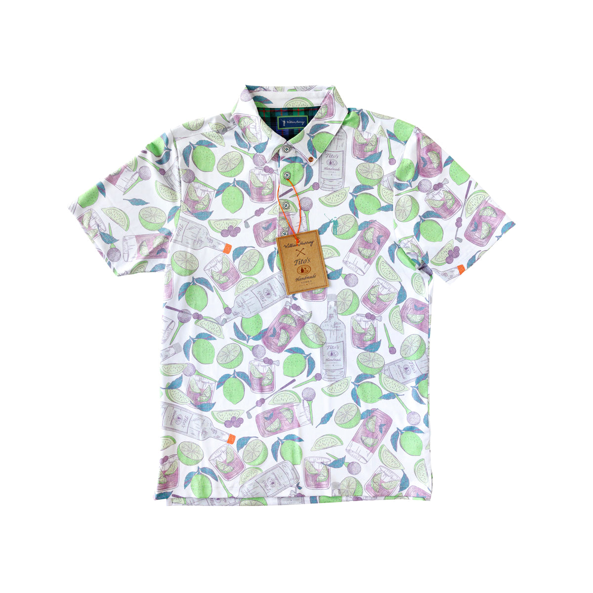 Front of white polo with green and purple Tito's Handmade Vodka bottles, grapes, limes, and transfusion cocktail designs with William Murray logo