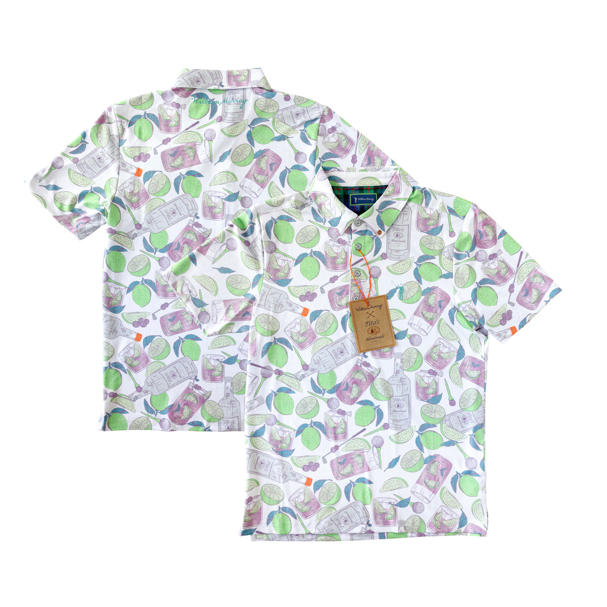 Front and back of white polo with green and purple Tito's Handmade Vodka bottles, grapes, limes, and transfusion cocktail designs with William Murray logo and wordmark