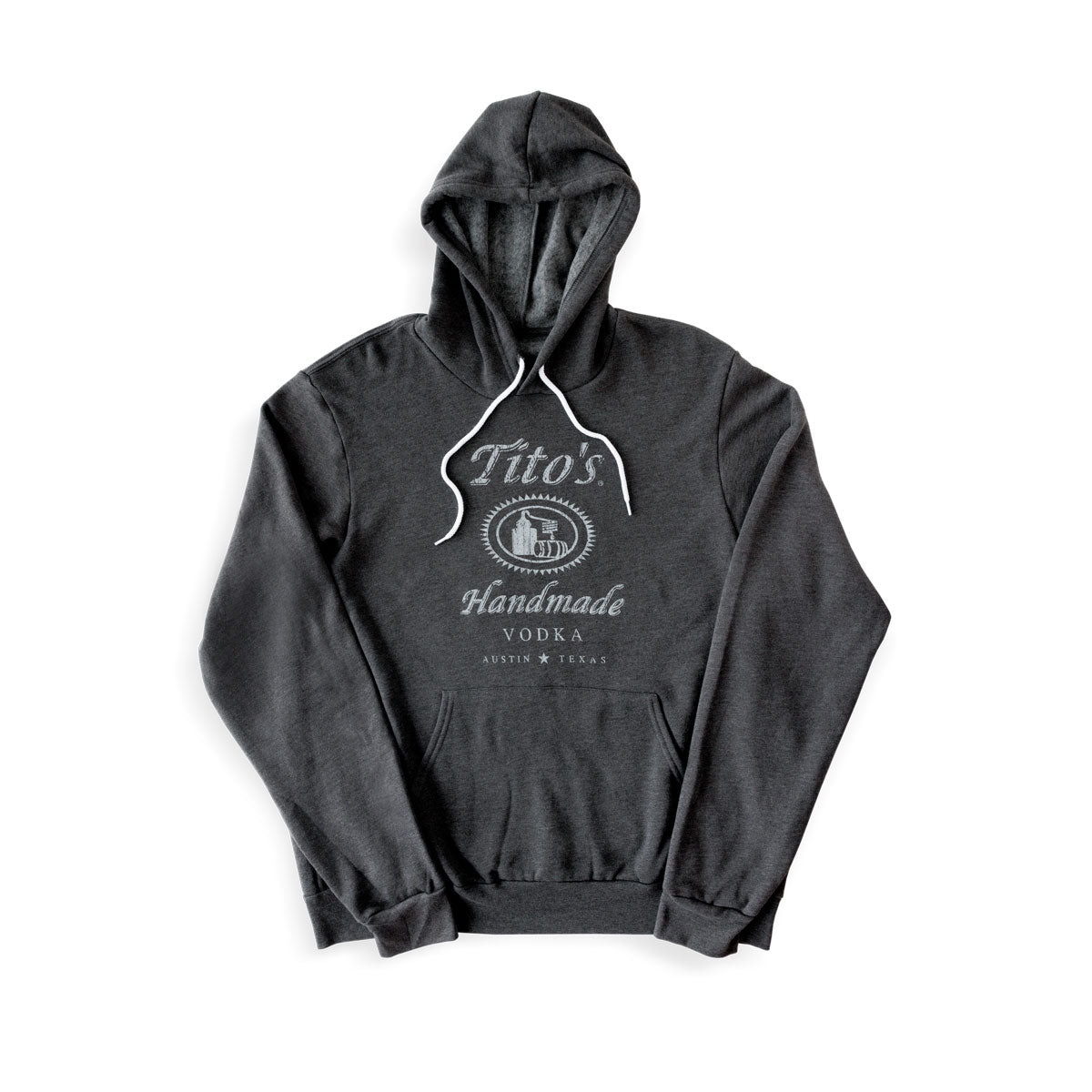 Front of charcoal gray hooded sweatshirt with white drawstring and white Tito's Handmade Vodka logo