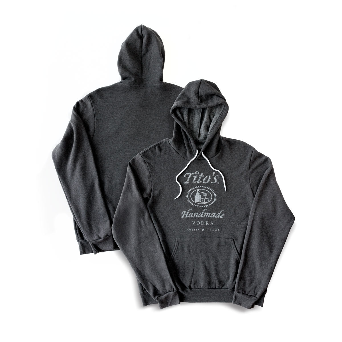 Front and back of charcoal gray hooded sweatshirt with pocket and white drawstring and white Tito's Handmade Vodka logo