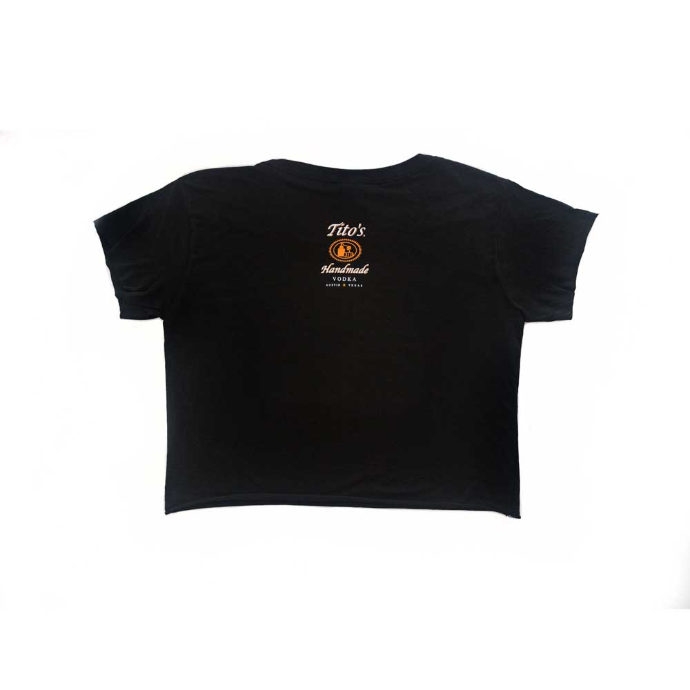 Back of black crop top with Tito's Handmade Vodka logo