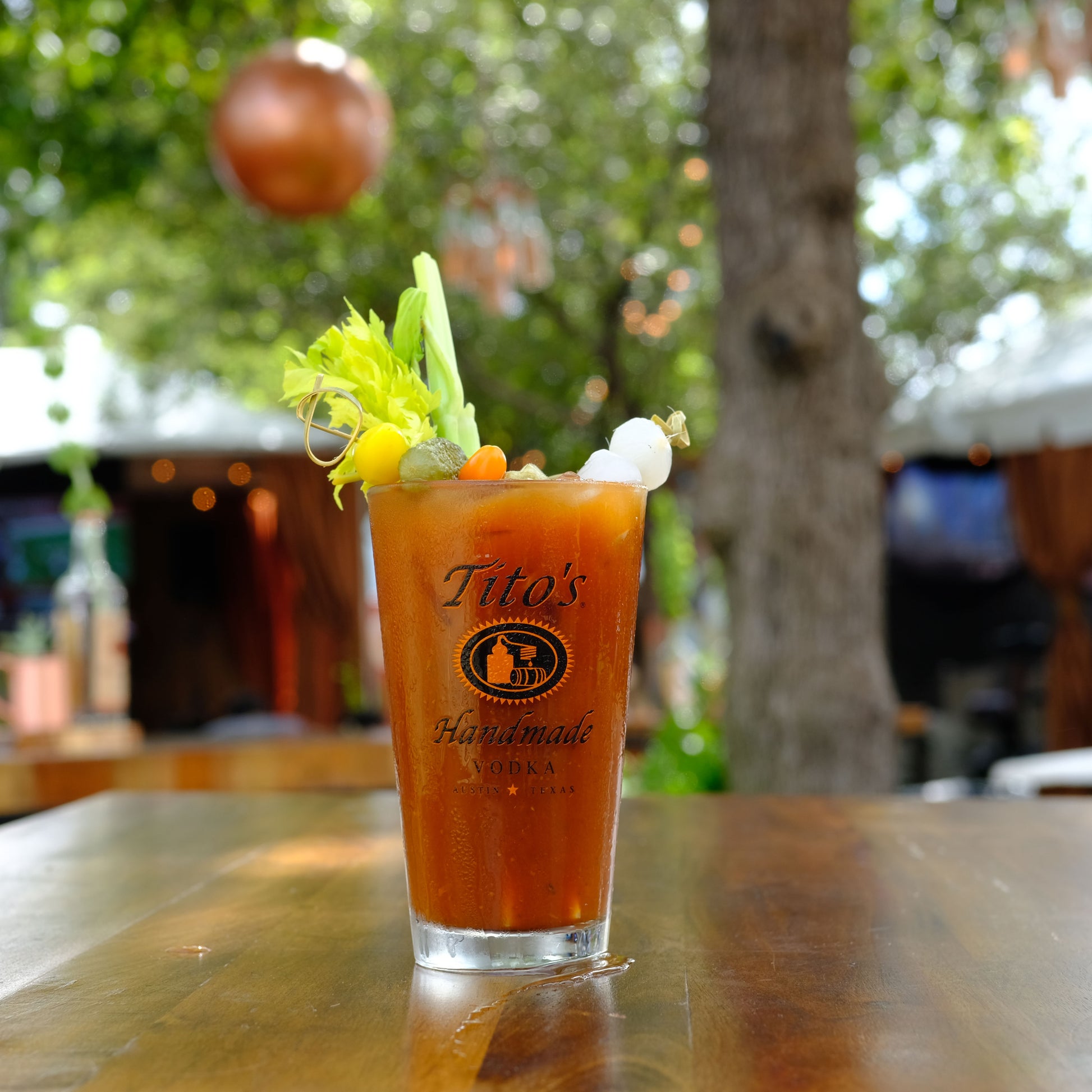 Bloody mary in a Tito's Pint Glass