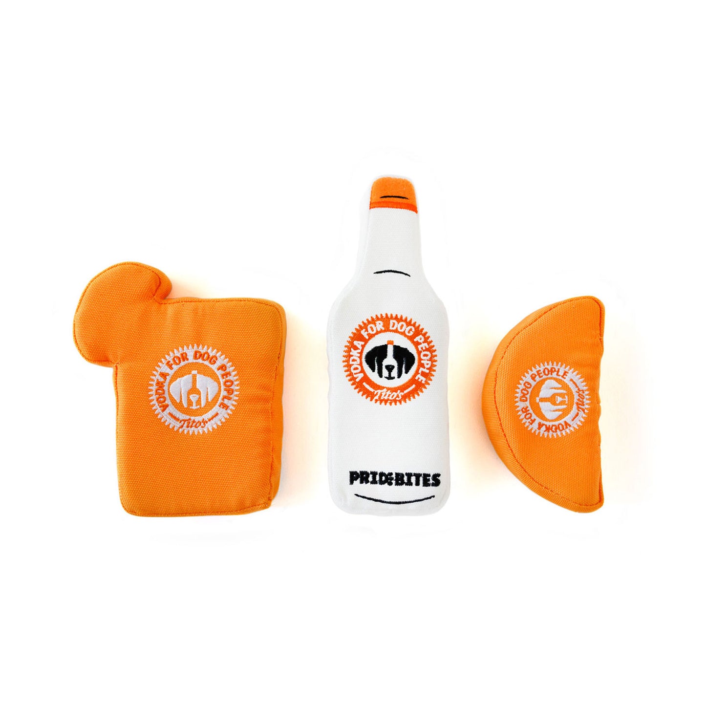 Back view of Tito's Bottle Toy, Tito's Puptail squeeze toy, and Tito's Squeeze lime toy with Vodka for Dog People logo