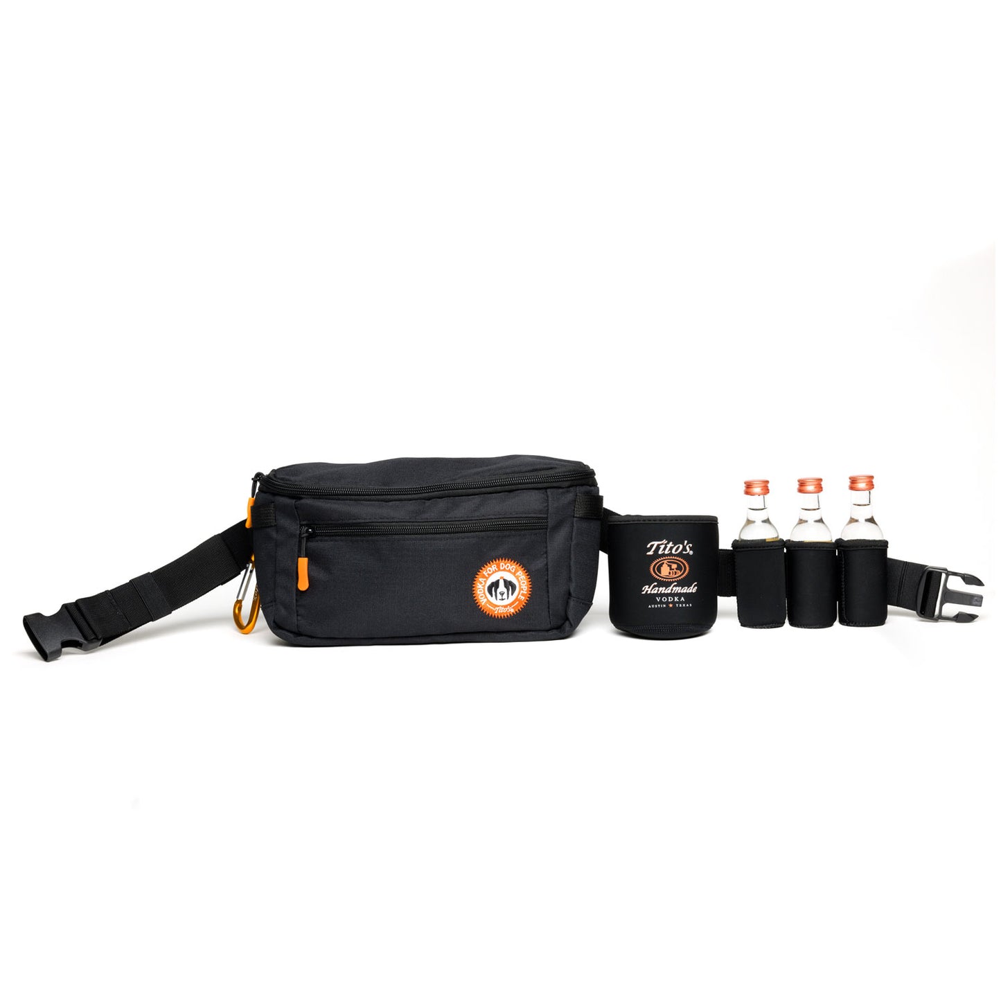 Black adjustable zippered utility belt bag with carabiner, Vodka for Dog People logo, pocket with Tito's Handmade Vodka logo, 3 50ml bottle pockets