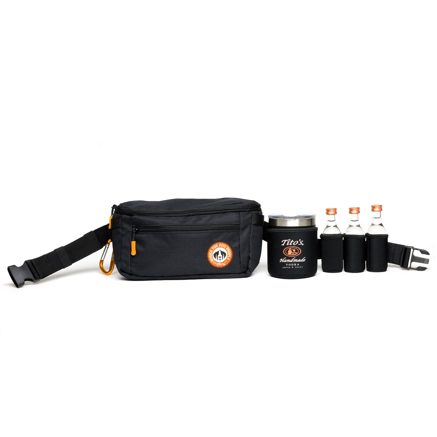 Black adjustable zippered utility belt bag with carabiner, Vodka for Dog People logo, pocket with Tito's Handmade Vodka logo, 3 50ml bottle pockets