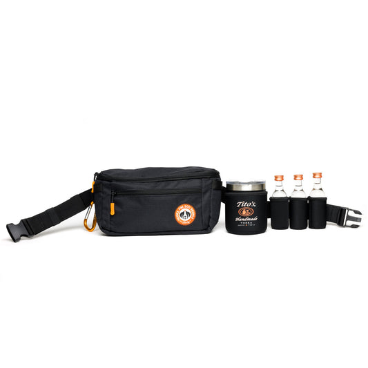 Black adjustable zippered utility belt bag with carabiner, Vodka for Dog People logo, pocket with Tito's Handmade Vodka logo, 3 50ml bottle pockets