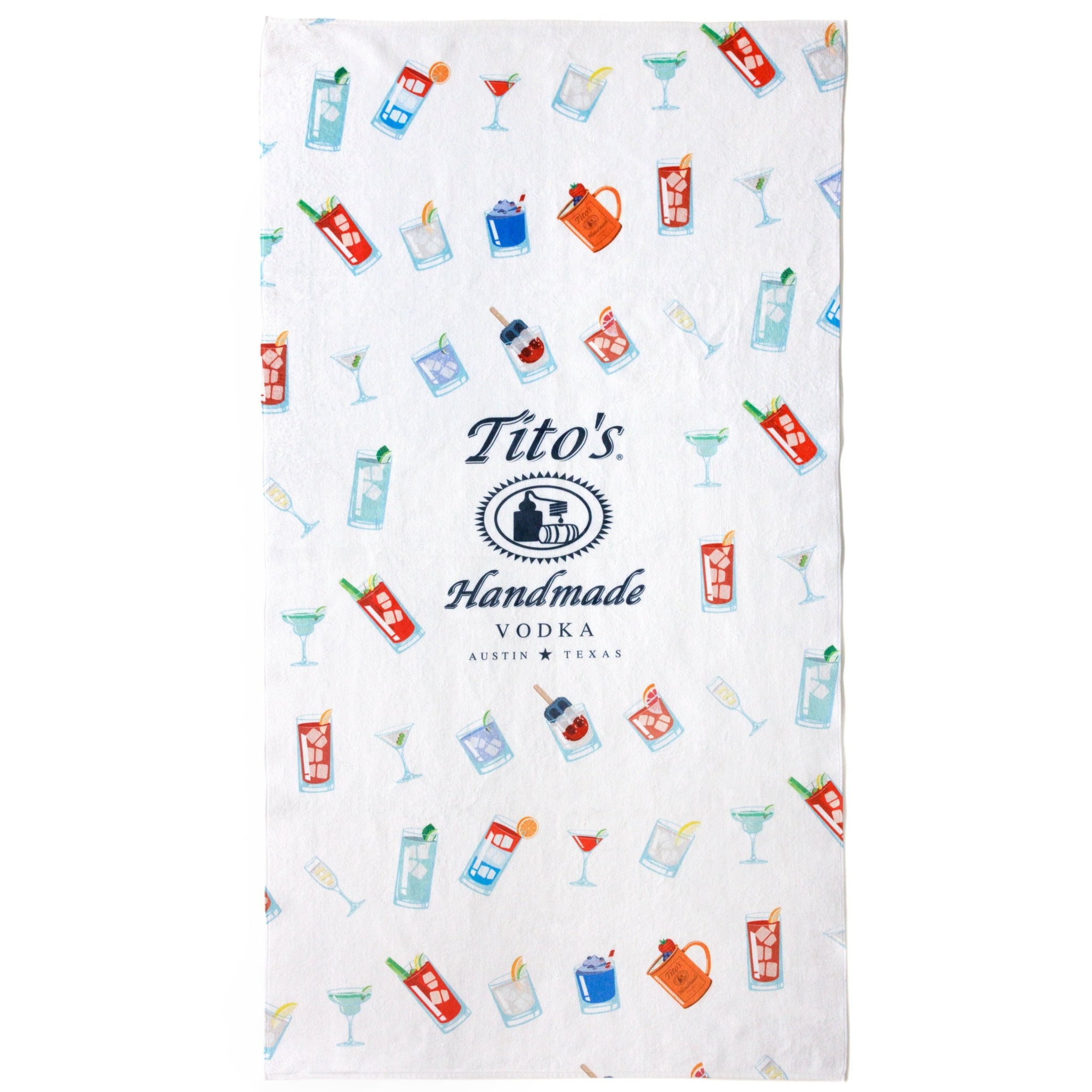 White towel with Tito's Handmade Vodka logo and assorted cocktail illustrations