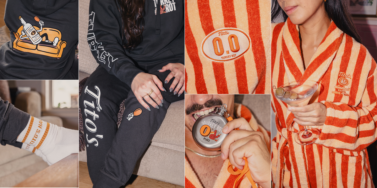 Photo collage of a person wearing the Tito's Turkey Rot Sweat Suit, Turkey Rot Socks, the Brooklinen Turkey Rot Robe, and the Turkey Rot Finisher Flask