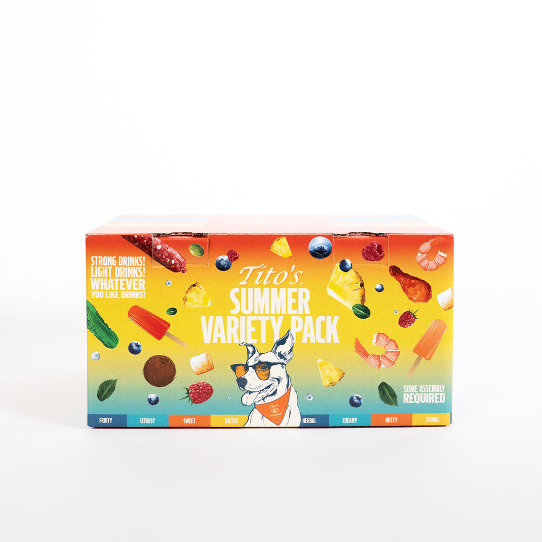Tito's Summer Variety Pack box with colorful design and dog illustration 