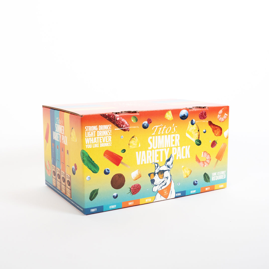 Tito's Summer Variety Pack box with colorful design and dog illustration 
