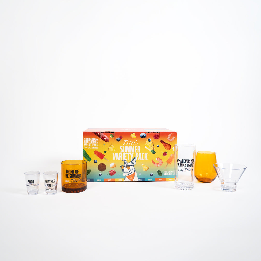 Summer variety pack box with colorful packaging and glasses 