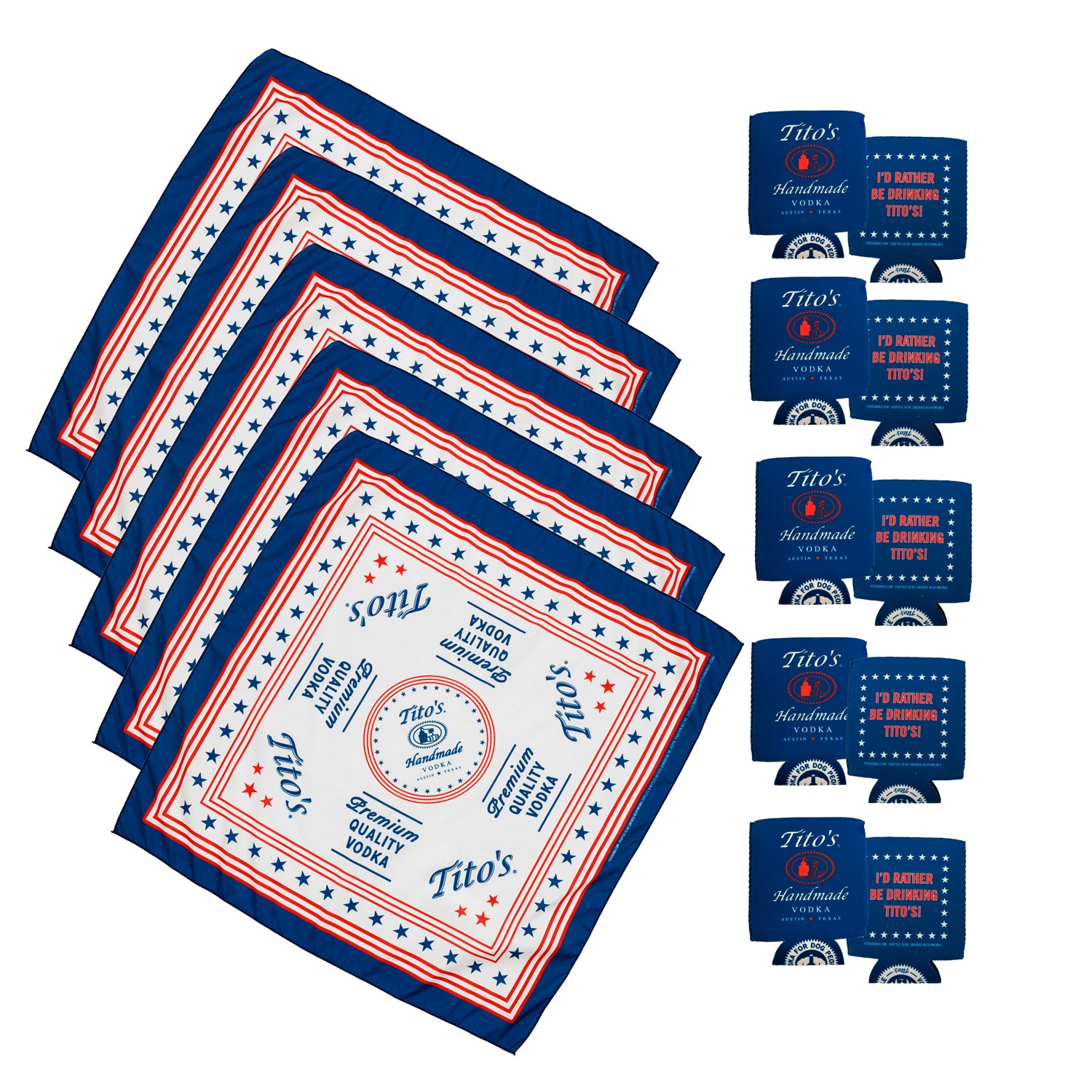 Set of 5 Tito's Handmade Vodka branded red, white, and blue bandana and 5 Tito's red, white, and blue can coolers 