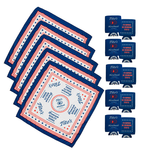Set of 5 Tito's Handmade Vodka branded red, white, and blue bandana and 5 Tito's red, white, and blue can coolers 