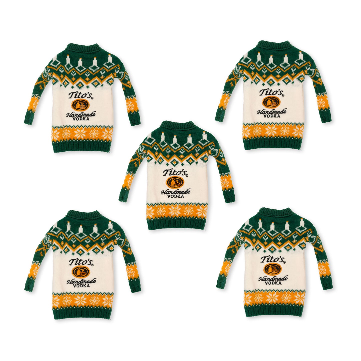 Five green and orange sweaters for vodka bottles with Tito's Handmade Vodka logo in the middle and festive designs 