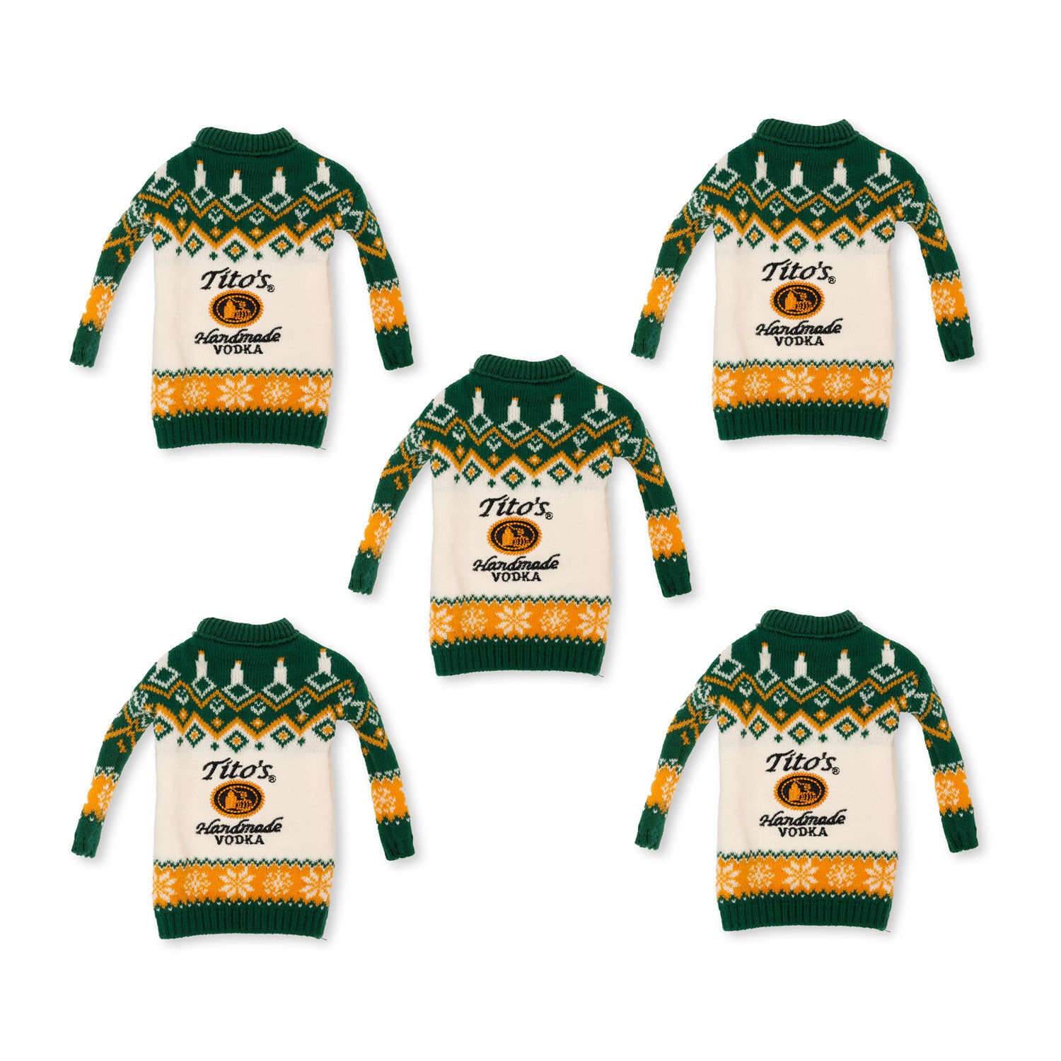 Five green and orange sweaters for vodka bottles with Tito's Handmade Vodka logo in the middle and festive designs 