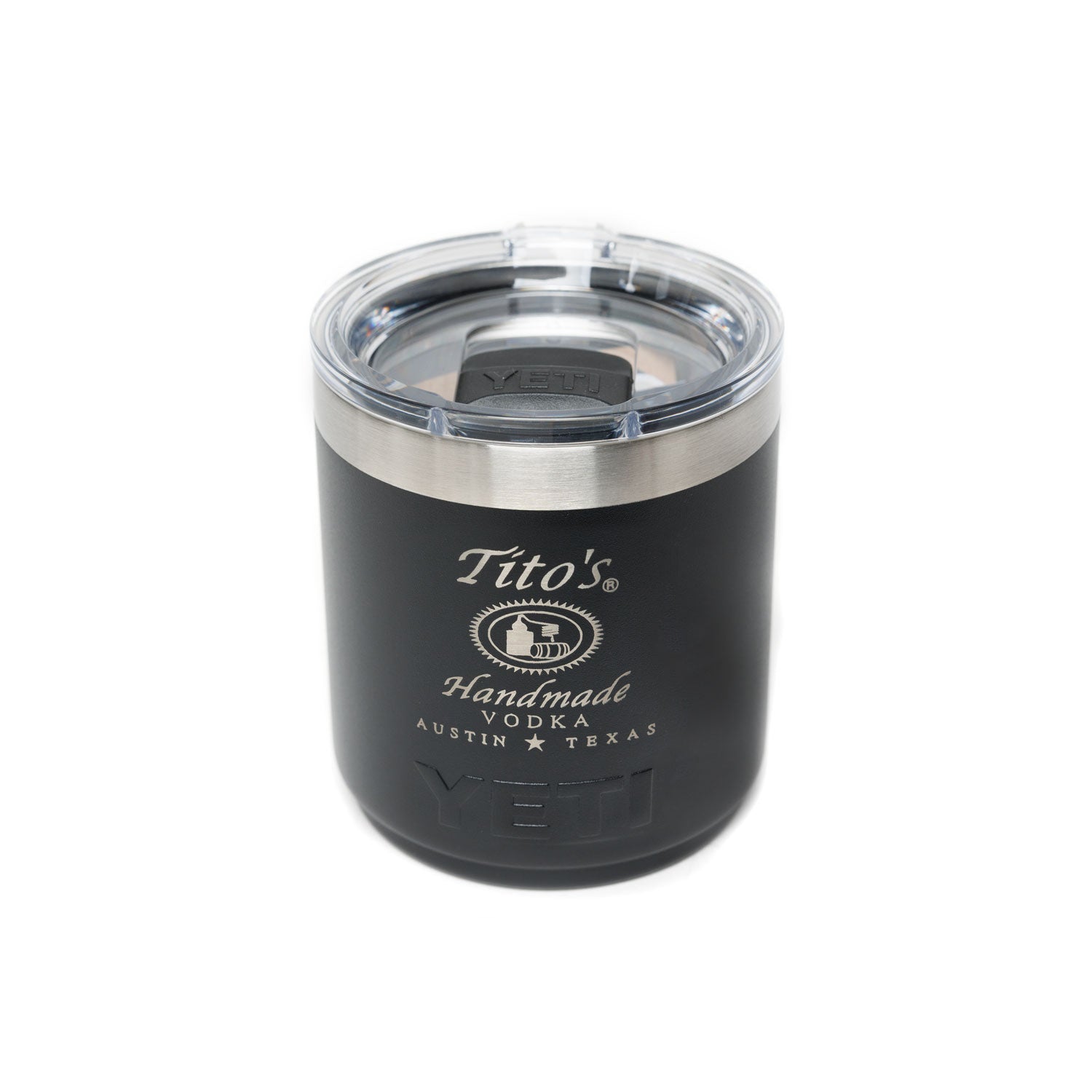 Front view of black YETI with Tito's Handmade Vodka logo etched on