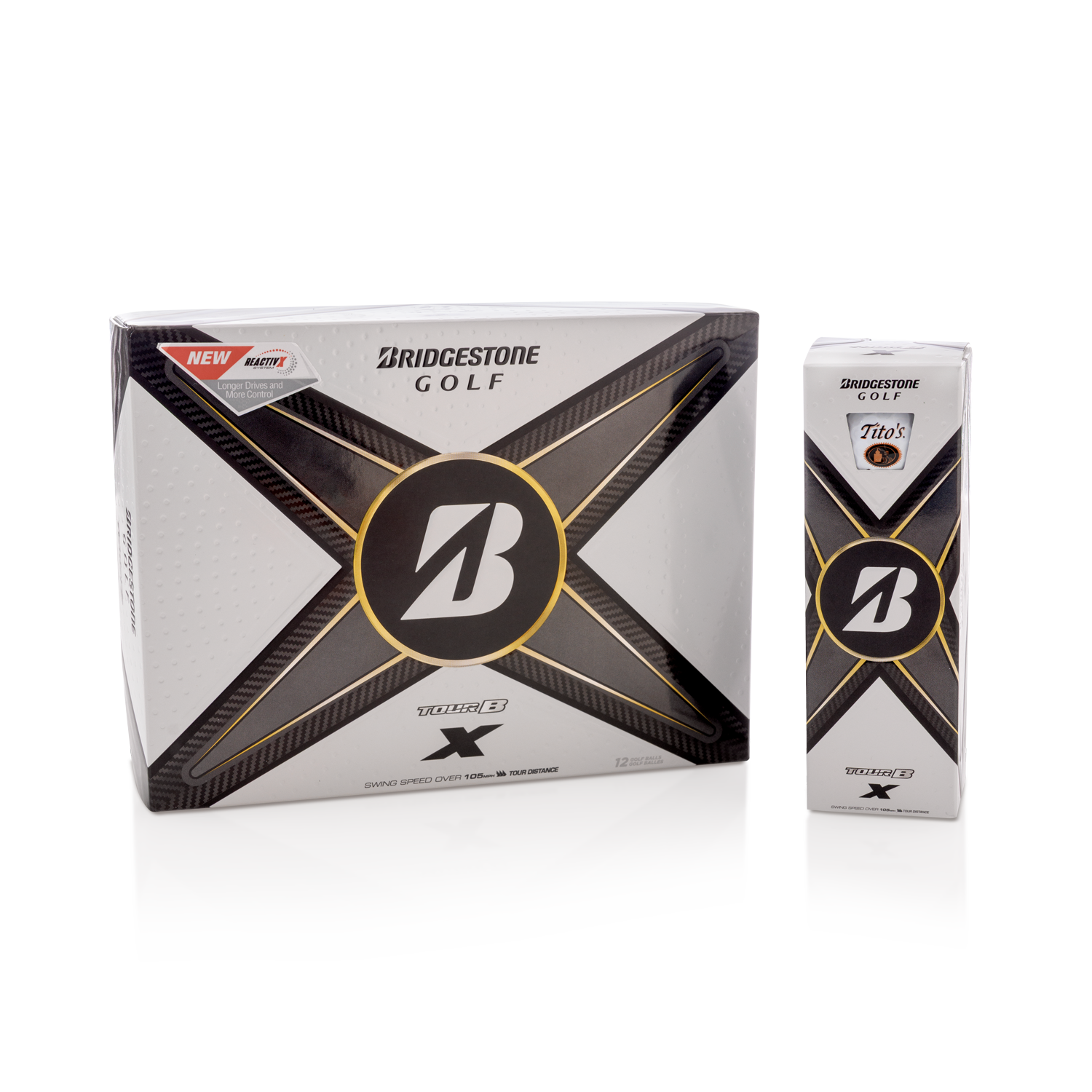 A 12 pack box of Bridgestone Golf Tour B X golf balls and a single sleeve of balls