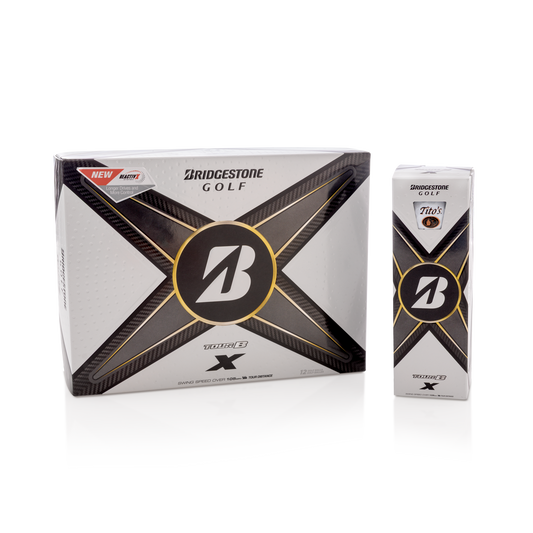 A 12 pack box of Bridgestone Golf Tour B X golf balls and a single sleeve of balls