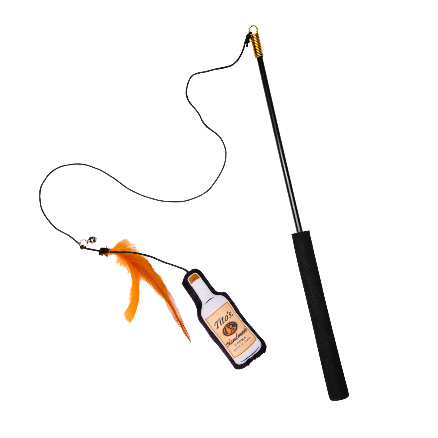 Black Cat toy wand with a plush bottle, bell, and feather attachment on the end