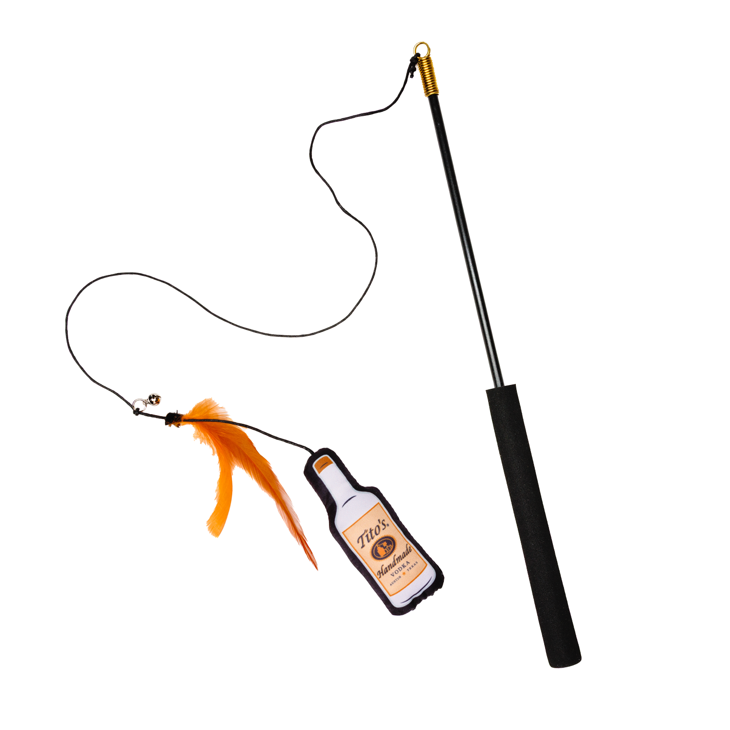 Black Cat toy wand with a plush bottle, bell, and feather attachment on the end
