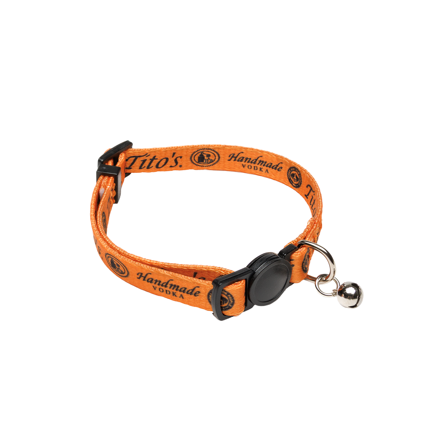 Orange cat collar with Tito's Handmade Vodka logo in black text with a bell buckled together