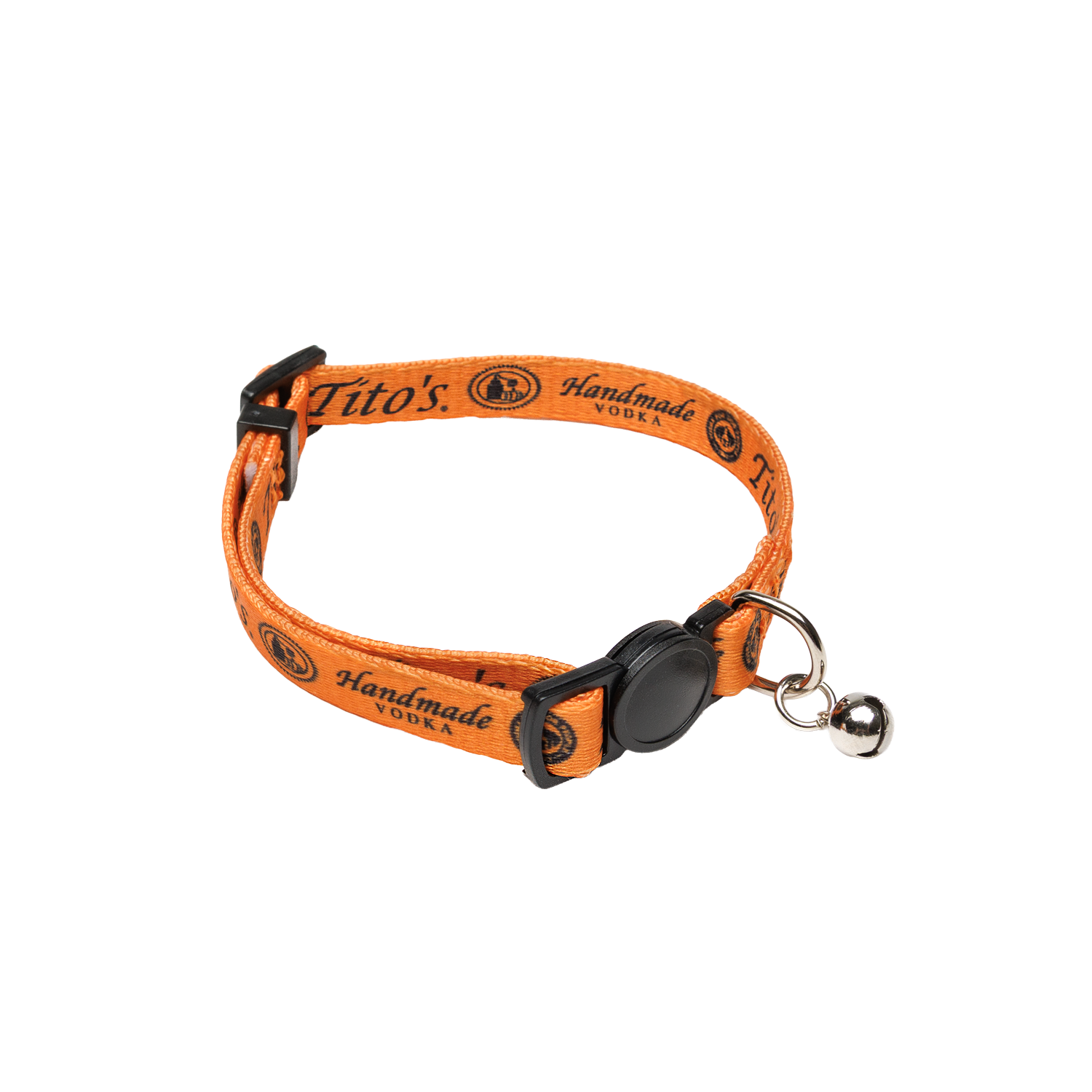 Orange cat collar with Tito's Handmade Vodka logo in black text with a bell buckled together