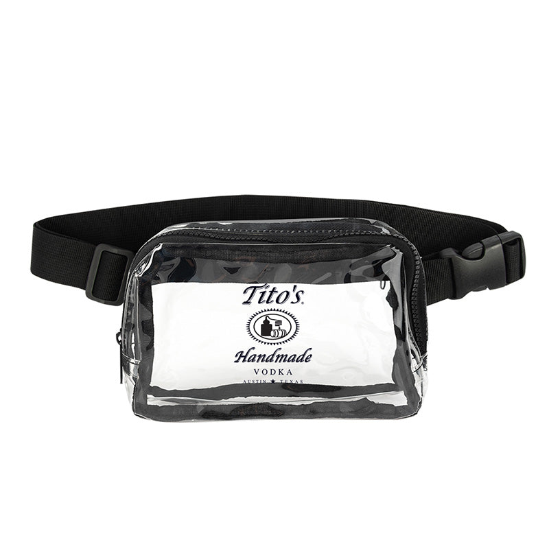 Clear fanny pack with Tito's Handmade Vodka logo on front, with black belt and zipper 