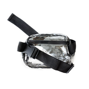 Back of clear fanny pack with back zipper pocket, black detachable/adjustable waist strap