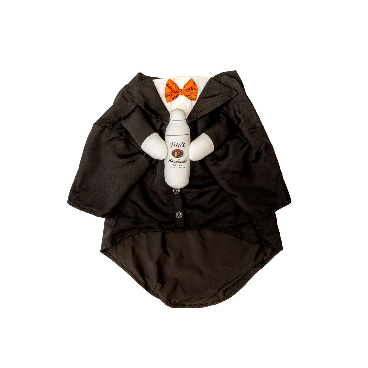 Tito's Puptender costume featuring a white shirt and black jacket, stuffed arms holding a stuffed toy cocktail shaker with the Tito's Handmade Vodka logo, and an orange bowtie with Tito's word marks printed on it 
