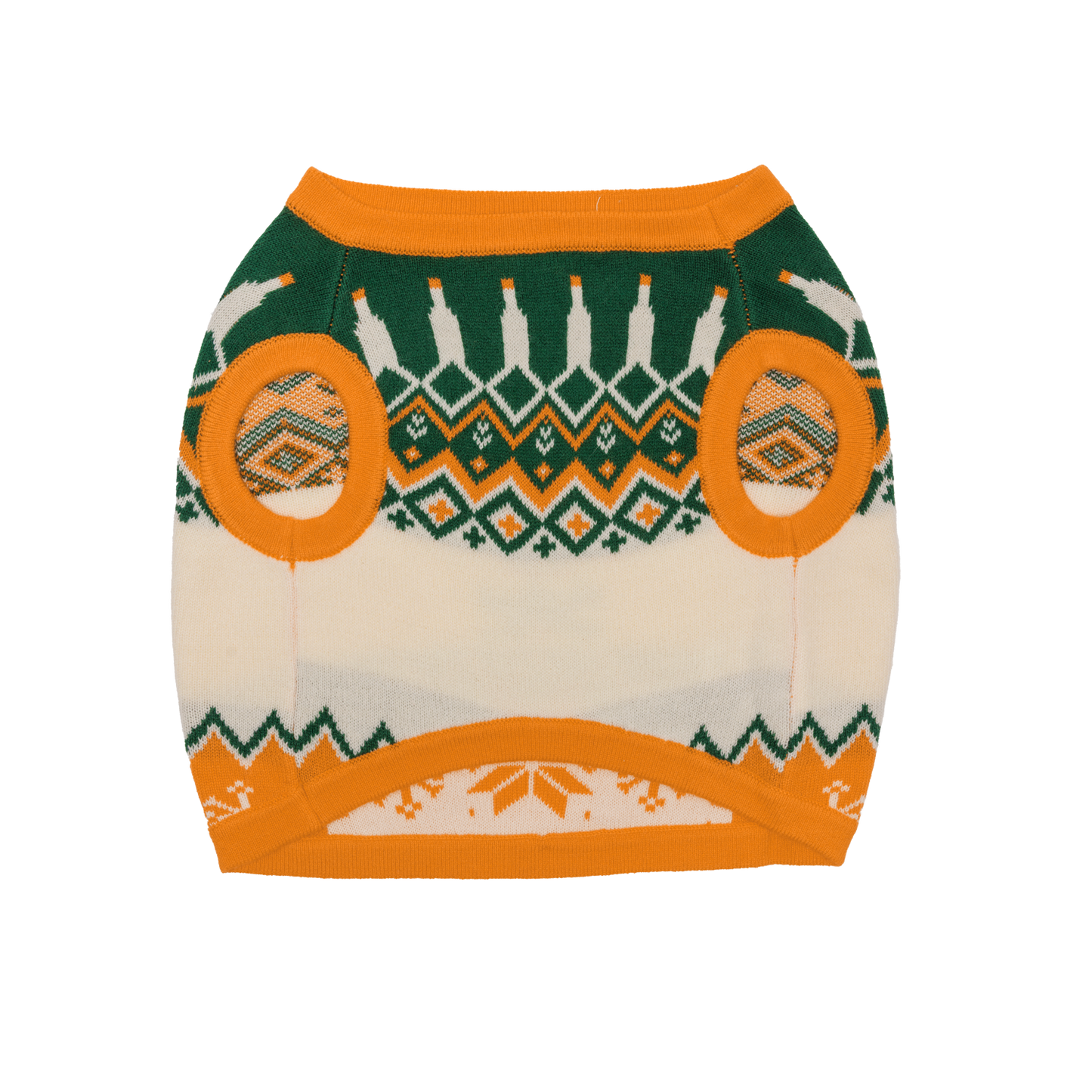 Bottom side of a patterned orange, white, and green dog sweater with two leg holes 