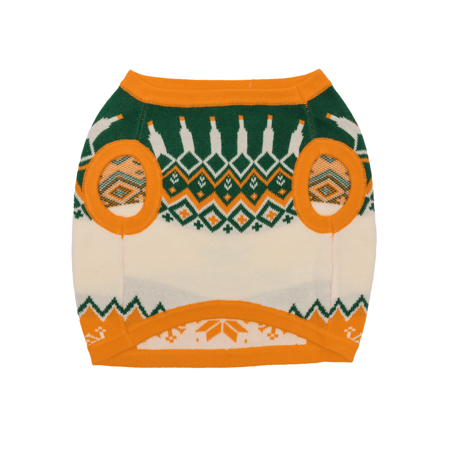 Bottom side of a patterned orange, white, and green dog sweater with two leg holes 
