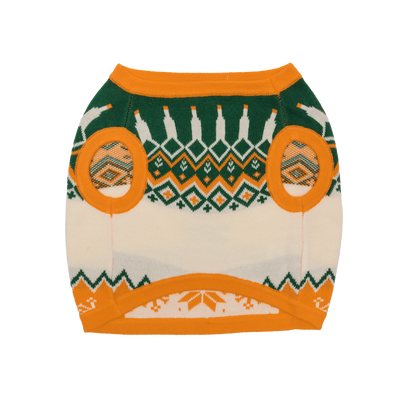 Bottom side of a patterned orange, white, and green dog sweater with two leg holes 