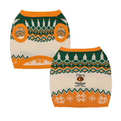 Front and back view of a patterned orange, white, and green dog sweater with a Tito's Handmade Vodka logo on the back side of the sweater.