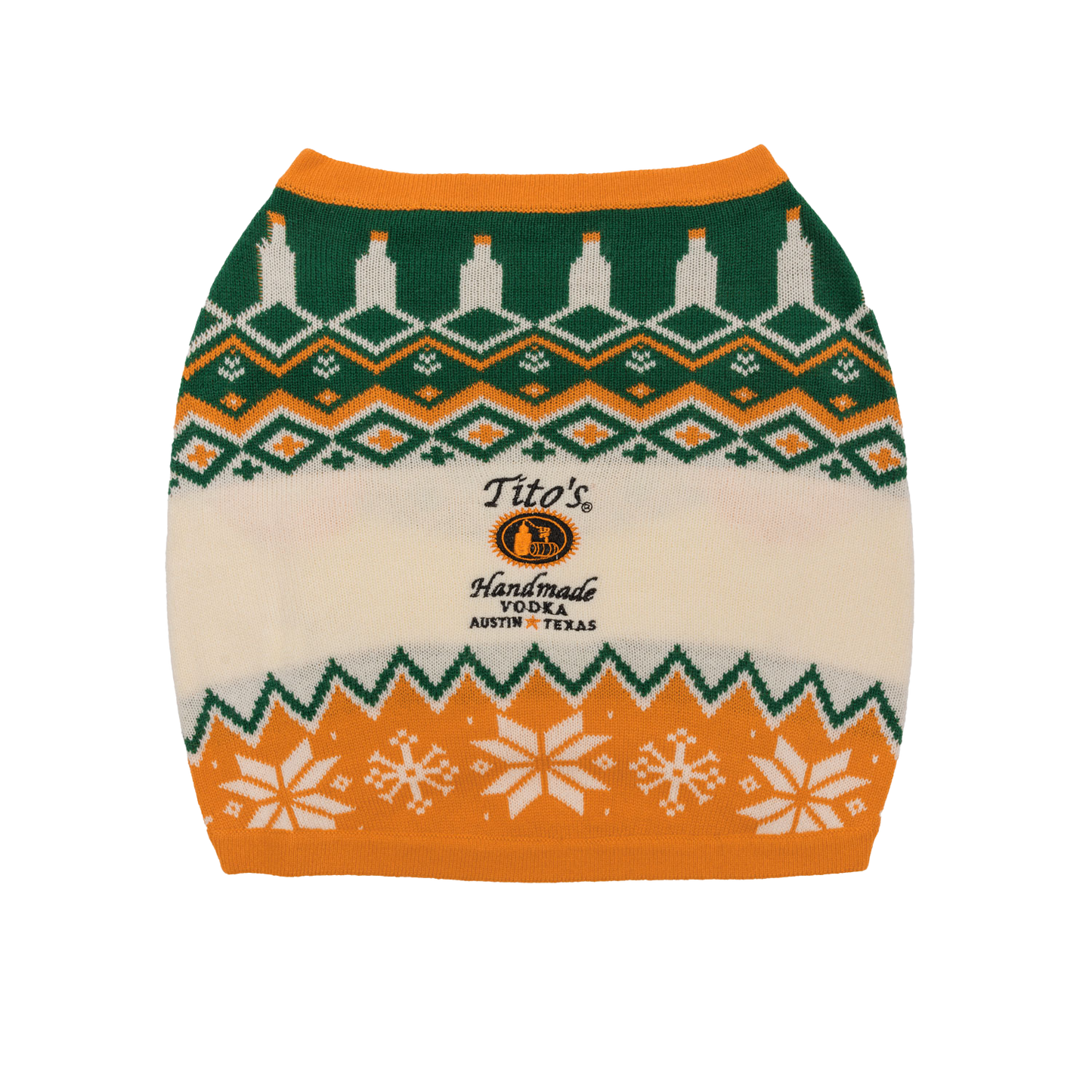 Back view of a patterned orange, white, and green dog sweater with a Tito's Handmade Vodka logo embroidered in the center